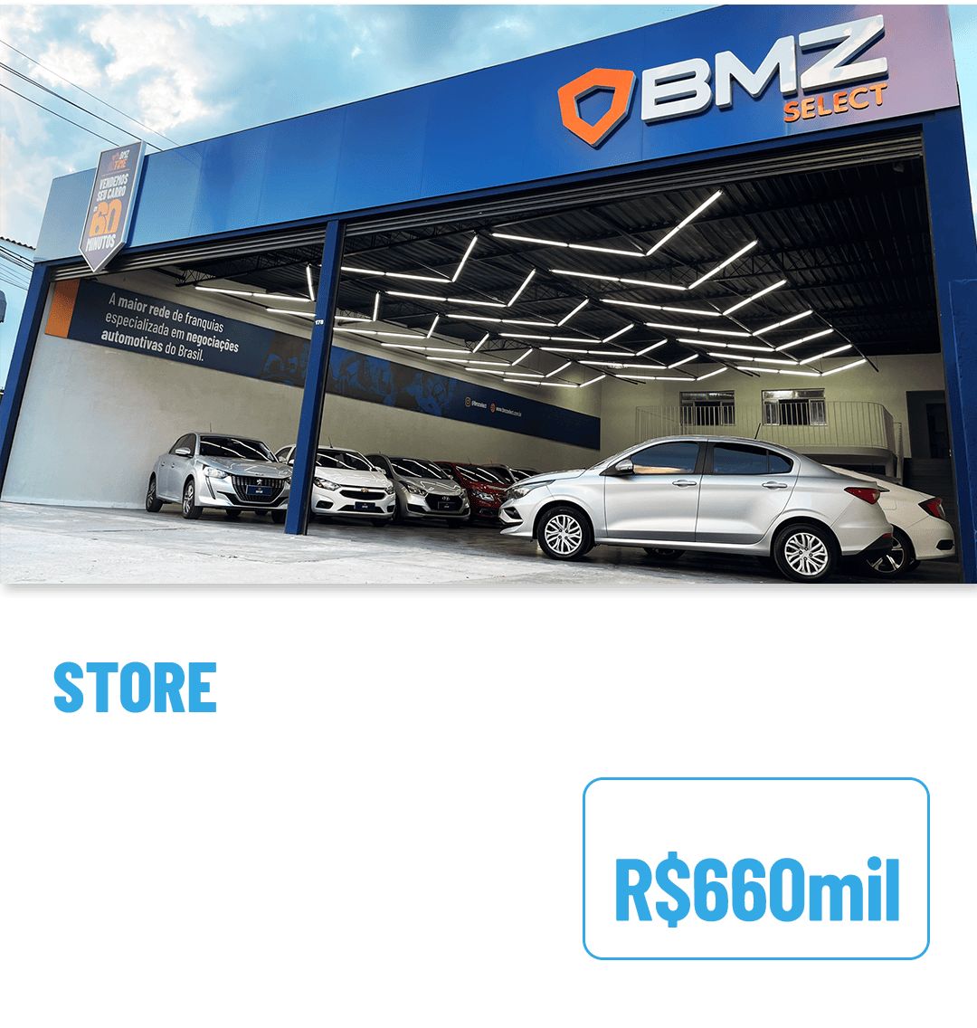 Modelo Store: loja com a marca BMZ para empreender com a confiança de uma marca consolidada. Investimento a partir de R$660 mil, payback de 14 a 16 meses